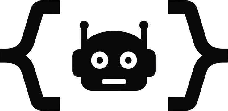 Cute robot character enclosed by curly braces resembling code brackets isolated on white background, Vector