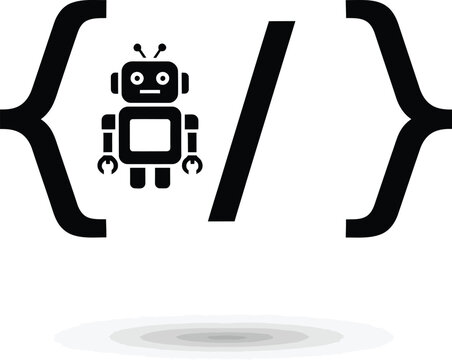 A whimsical robot character positioned between two large curly braces isolated on white background, Vector