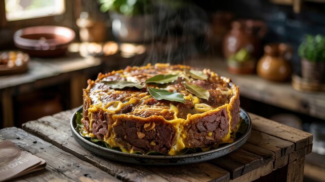 Indonesian cuisine. 
Boboti (or Babote) is a fragrant casserole made from spicy minced meat under a golden egg&mdash;milk filling.