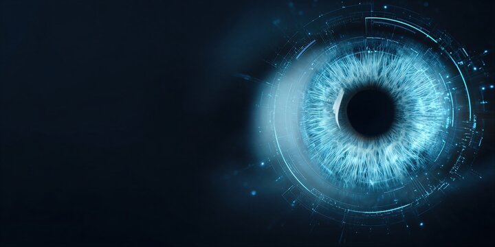 Blue digital human eye representing biometric scanner and vision technology. Futuristic concept of artificial intelligence, cyber security, data science and advanced optical scanning system.
