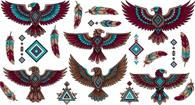 Boho tribal eagle and feather vector set with ethnic ornaments colorful native style bird illustrations decorative geometric design