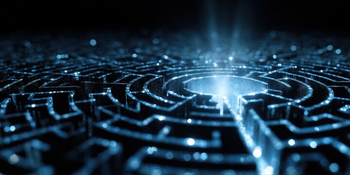 Glowing digital labyrinth with bright light at the center. Modern tech concept representing problem solving, complex data navigation, artificial intelligence and mysterious future connection.