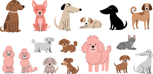 Fototapeta premium Dog Breed Character Set Featuring Poodle, Chihuahua, Dalmatian, and Other Dogs for Pet-Themed Illustrations and Designs
