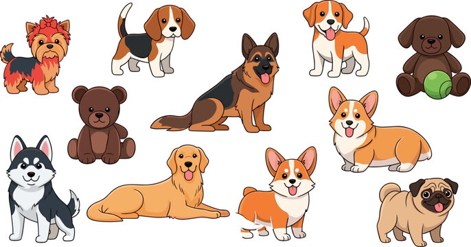Dog Breed Character Set Featuring Yorkshire Terrier, Beagle, German Shepherd, Golden Retriever, Corgi, and Pug for Pet-Themed Illustrations and Designs