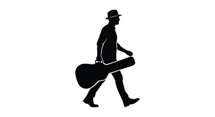 A walking musician carrying a guitar is depicted in a striking black form against a white background silhouette high quality professional © rabbivay