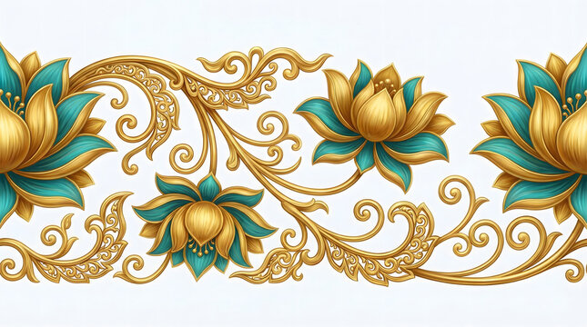 Golden lotus and scrolling vine decorative pattern with turquoise accents