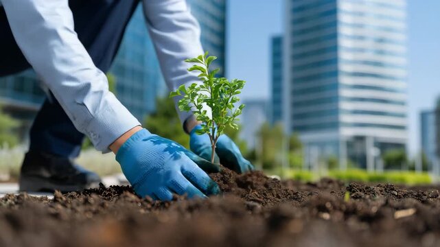 Macro close-up of faceless hands planting a small cherry tree in a park, bright green soil packed around the roots, contemporary urban buildings with glass and metal facades blurre