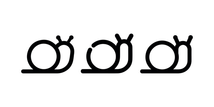 Snail vector icon set. three minimalist linear outline style mollusks isolated on white background with different antenna designs