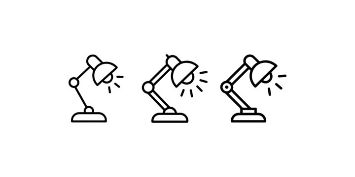 Desk lamp vector icon set. three minimalist linear outline style adjustable light symbols isolated on white background for study