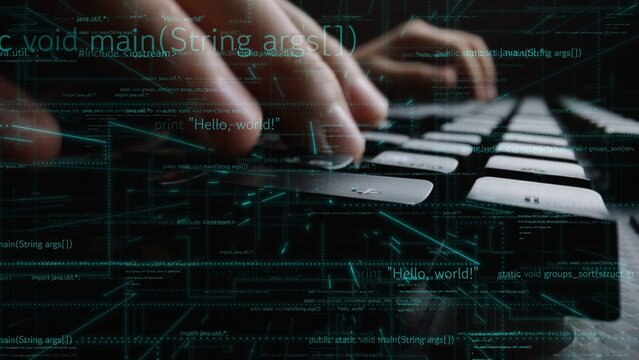Hands of a programmer typing on a keyboard with lines of code in the background. This image captures the essence of digital technology and software development. Xenic