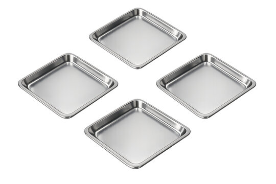 Four clean metal baking trays on transparent background