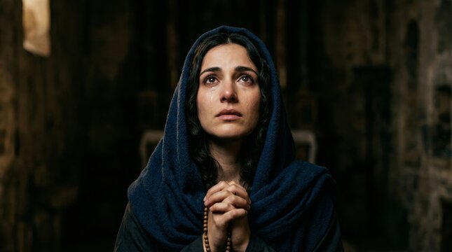 Woman crying and praying with rosary in church. Devout lady feeling sorrow and hope while looking up. Religious spiritual connection and faith in difficult time. Meditation concept.