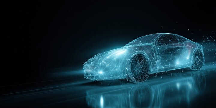 Glowing blue wireframe car model moving at high speed. Abstract digital vehicle construction on black background. Innovative automotive technology, future transport and engineering design.