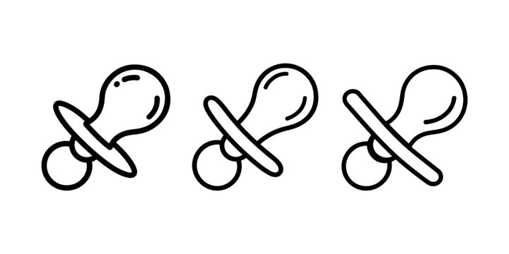 Baby pacifier line icon set showing various dummy designs for infants and newborns isolated on white background for nursery care and parenting vector art