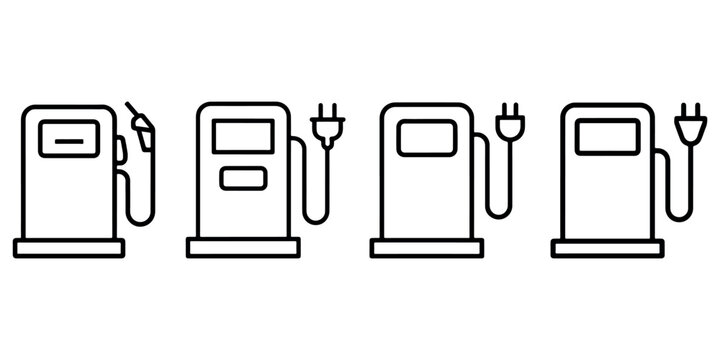 Gas station and electric vehicle charging station line icons set. fuel pump and EV charger outline vector illustration