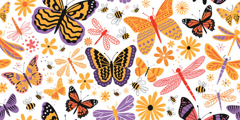 Fototapeta premium A seamless pattern featuring colorful butterflies dragonflies and small bees among some flowers