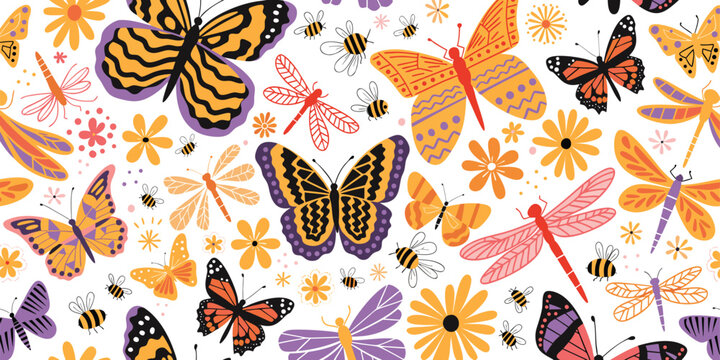 A seamless pattern featuring colorful butterflies dragonflies and small bees among some flowers