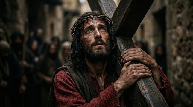 Jesus carrying wooden cross on way to crucifixion. Man wearing crown of thorn with blood on face. Easter religious scene of suffering, sacrifice and resurrection. Biblical event art.
