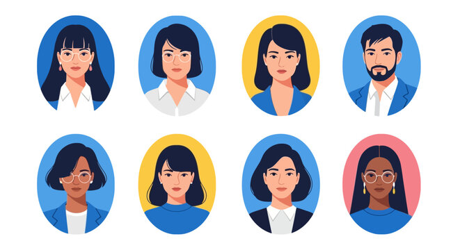 Professional business avatar set, diverse corporate team profile icons, 8 flat vector people portraits for office staff and employee directory