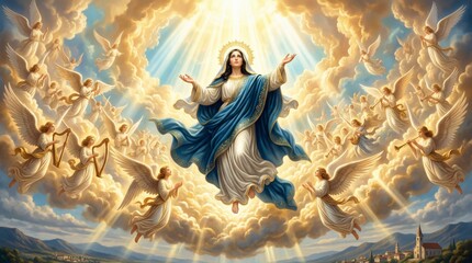 Fototapeta premium Virgin Mary icon ascension in heaven surrounded by angels with music instrument. Religious masterpiece artwork depicting Assumption of Mary. Divine light beam and spiritual hope concept.