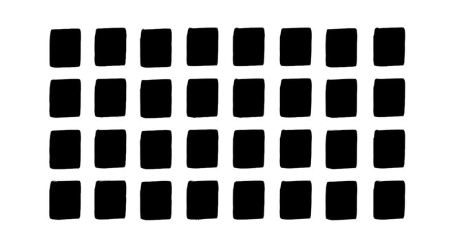 Hand-drawn black square grid pattern, set of 32 ink brush squares, minimalist geometric vector elements for organic texture and border design