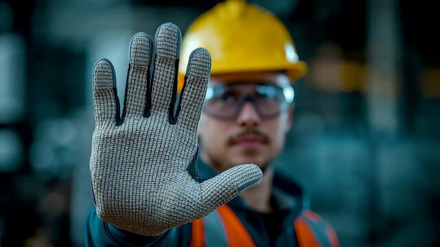 Industrial worker wearing safety helmet and glove raising hand to signal stop in factory environment with focus on protection and awareness