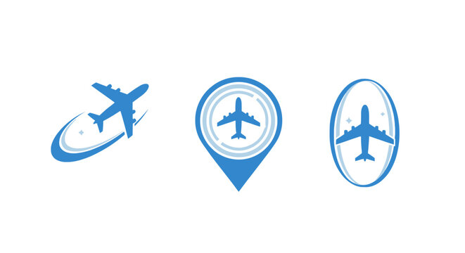 Blue airplane logo set with travel icons, aviation flight symbols in flat vector style, airplane silhouette with map pin and swoosh elements