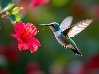 Naklejka premium Hummingbird Hovering Beside Red Hibiscus Flower