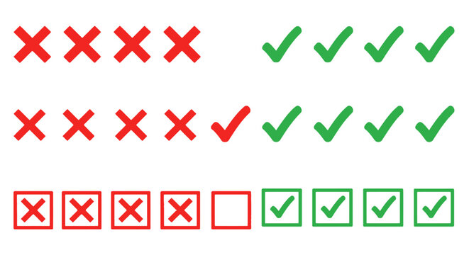 Minimalist check and cross icon set, red and green validation symbols, flat vector marks for survey and quiz results