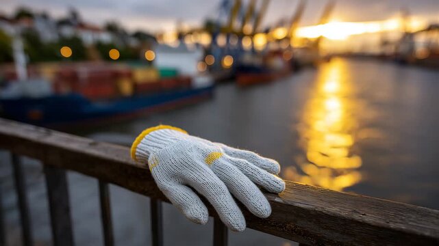 Medium close-up of faceless hands in spotless gloves lightly touching a metallic railing, golden sunset shimmering across the port waters, blurred outlines of container cranes and