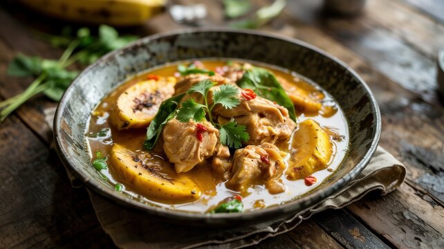 Indonesian cuisine. 
The dish of Indonesian cuisine is Gulai Ayam Pisang. This is a fragrant curry in which tender chicken and sweet bananas are stewed in a rich sauce based on coconut milk.