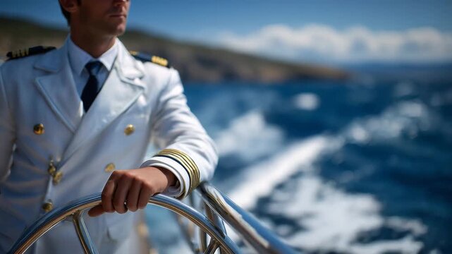 Medium composition of a faceless sailor in an immaculate uniform polishing curved chrome guardrails at the yacht&rsquo;s prow, soft sea breeze lifting faint spray around the bow, deep bl