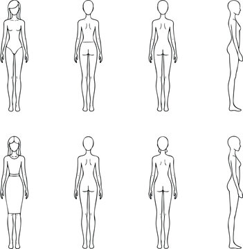 Female fashion figure croquis set featuring front back and side view model templates for apparel design and garment sketching.