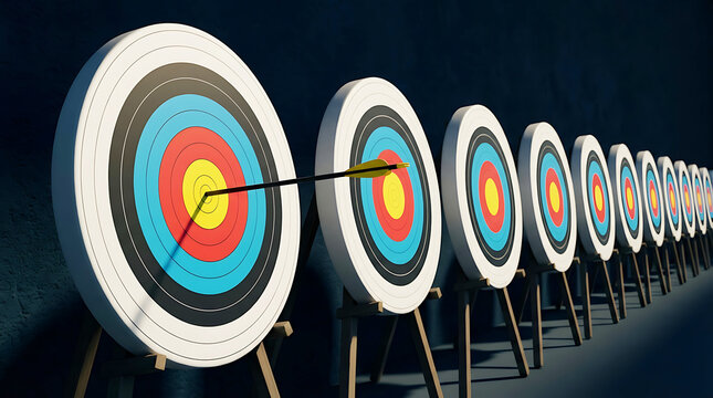 A row of colorful archery targets with one bullseye hit by an arrow in a dark room for precision and focus practice