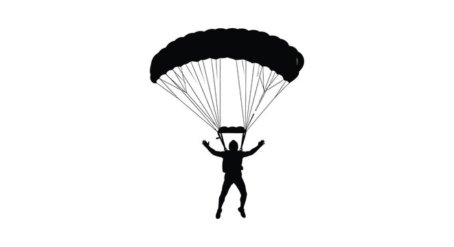 A black silhouette of a skydiver gracefully descending with a fully deployed parachute against a white background silhouette high quality professional