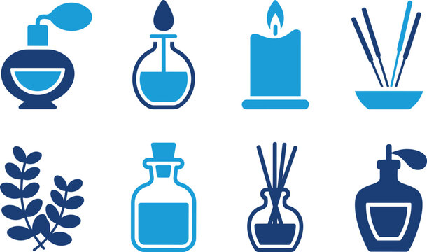 Collection of blue aromatherapy and fragrance icons including perfume bottles, candle, reeds, and lavende