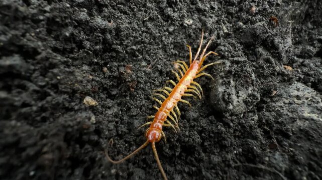 Wildlife photography of a scolopendra-like centipede on earth.