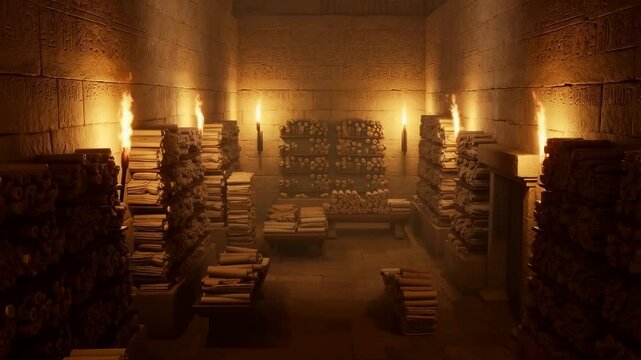 Tracking shot of ancient archive room filled with scrolls and manuscripts illuminated by torches in stone chamber