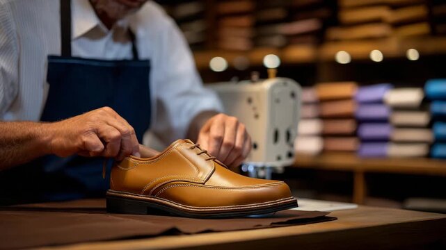 Over-the-shoulder view of a tailor stitching a leather shoe on a sewing machine, rich caramel leather catching ambient light, blurred wooden shelves and leather rolls behind, close