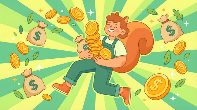 Cartoon squirrel boy running joyfully while holding a stack of gold coins and money bags
