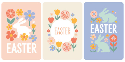 Fototapeta premium Set of three flat Easter greeting cards with floral and bunny motifs