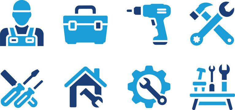Collection of blue service and repair icons including a worker, toolbox, drill, and house with tools.