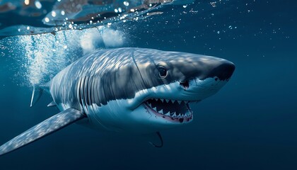 Fototapeta premium A menacing great white shark glides through the dark blue ocean, mouth slightly open, revealing sharp teeth.