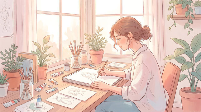 Young female illustrator sketching by the window with plants and natural light in a cozy home studio