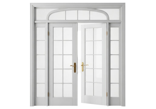 White double doors with glass panes and an arched transom window isolated on transparent background