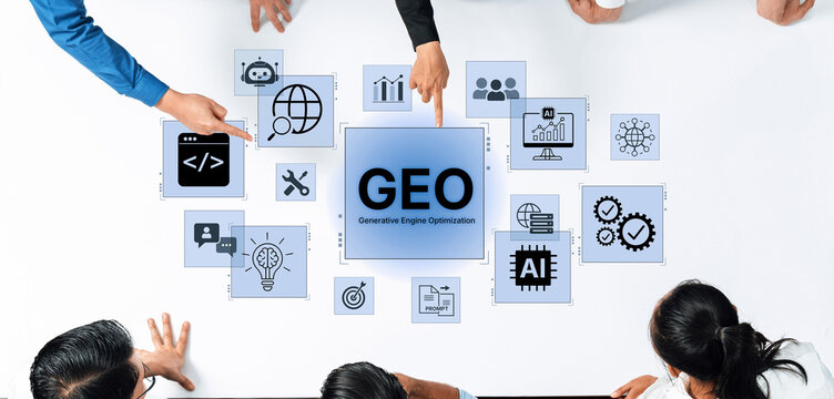 Digital marketing concept featuring GEO strategy, optimizing content for AI search engines and large language models. Evolution of SEO, brand authority, and AI citation visibility. Corpus