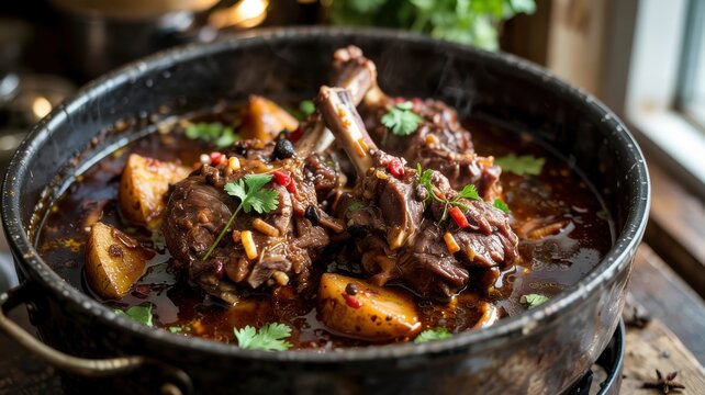 Indonesian cuisine. 
Semur Kambing. Rich, long-simmered meat in a thick dark sauce.