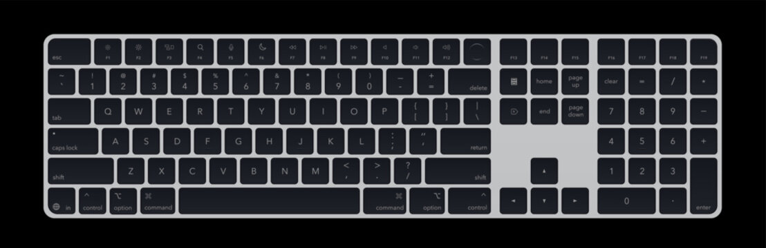 Modern slim keyboard isolated on black background.  Realistic detailed vector illustration