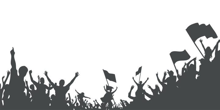 silhouette of soccer fans cheering with flags on white background; large crowd of people celebrating sports victory for football match banner and championship event poster art