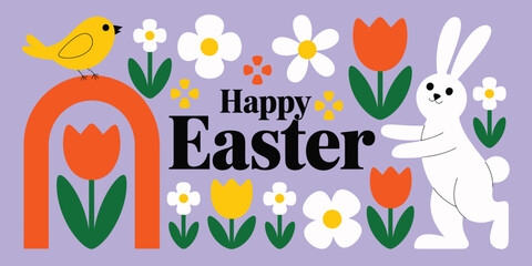 Naklejka premium Colorful Easter greeting card with bunnies and eggs on purple background